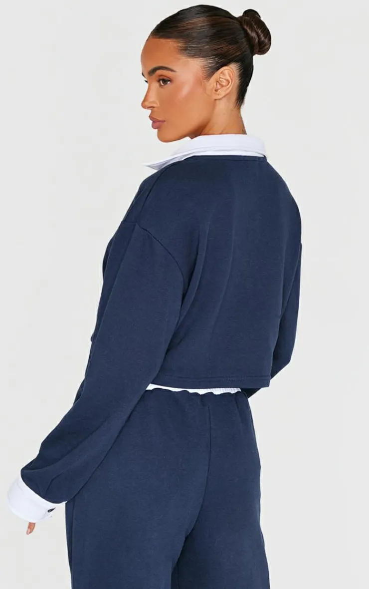 Discount PrettyLittleThing Contrast Panel Collared Cropped Sweatshirt Navy
