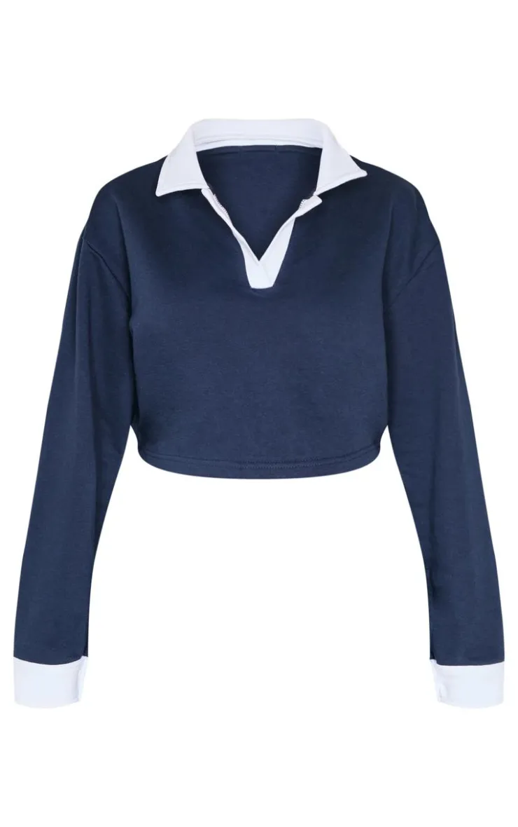 Discount PrettyLittleThing Contrast Panel Collared Cropped Sweatshirt Navy