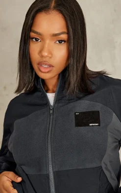 New PrettyLittleThing Fleece Contrast Panel Zip Through Sweatshirt Navy