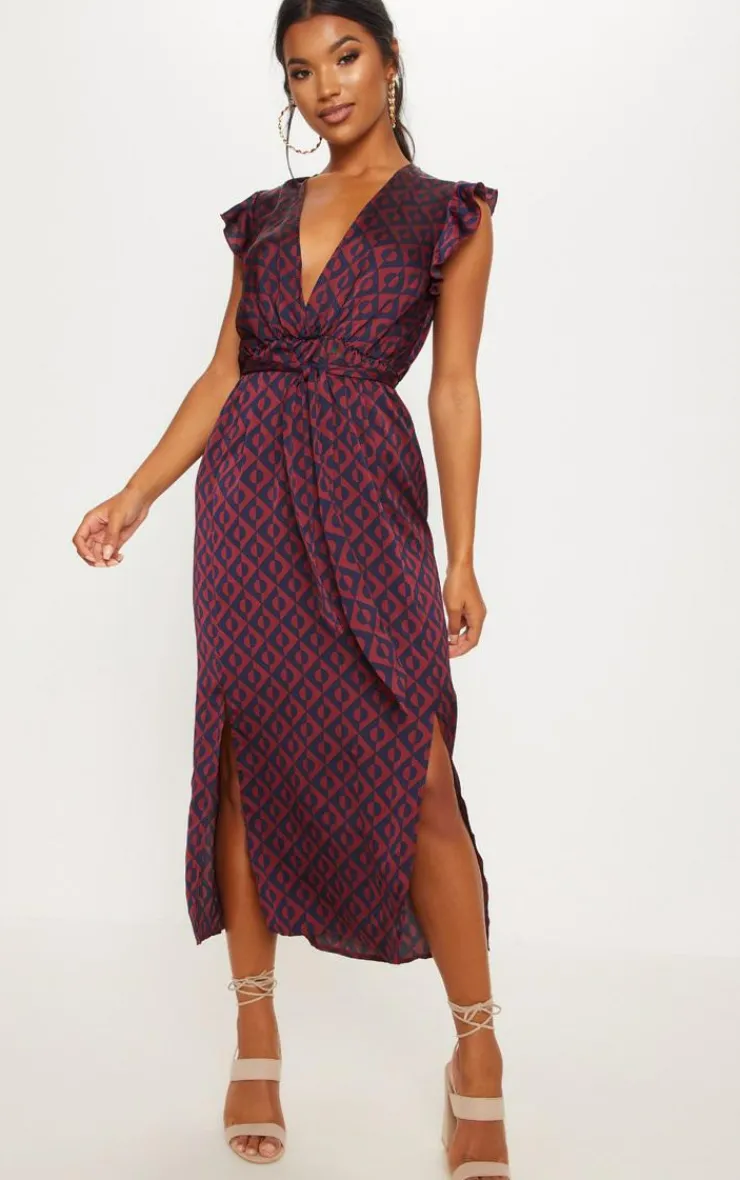 Geo Print Satin Frill Shoulder Split Midi Dress-PrettyLittleThing Online