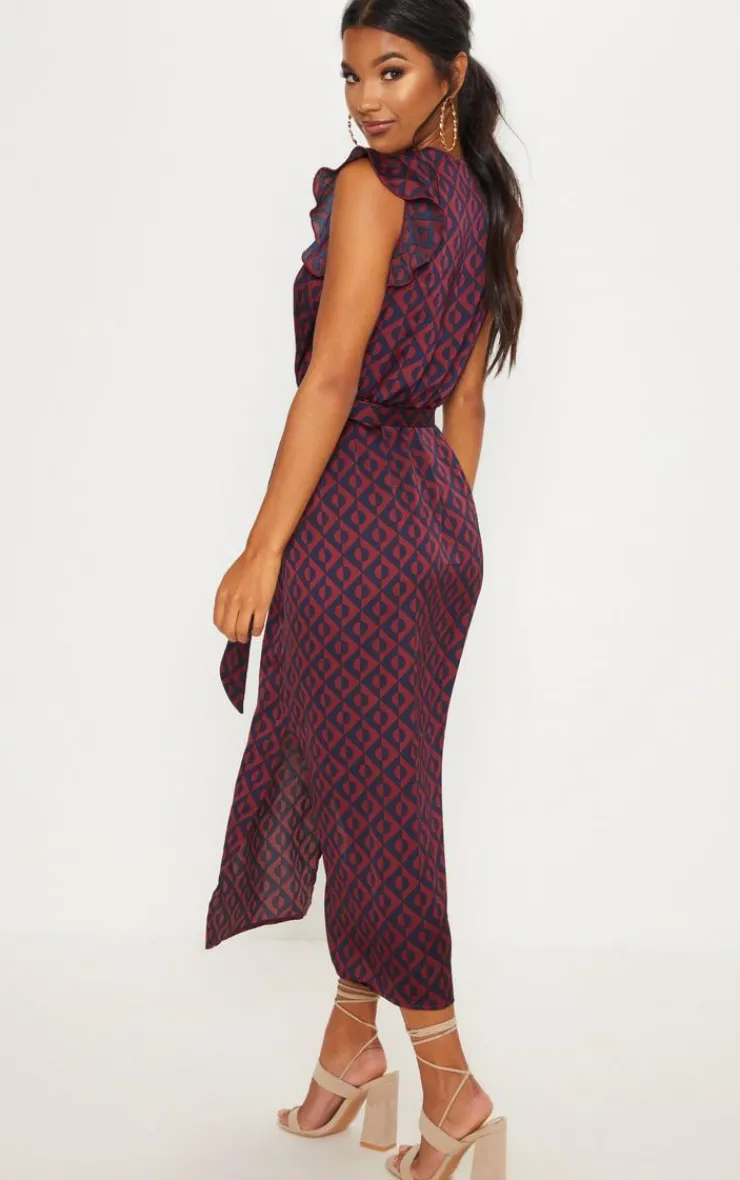 Geo Print Satin Frill Shoulder Split Midi Dress-PrettyLittleThing Online