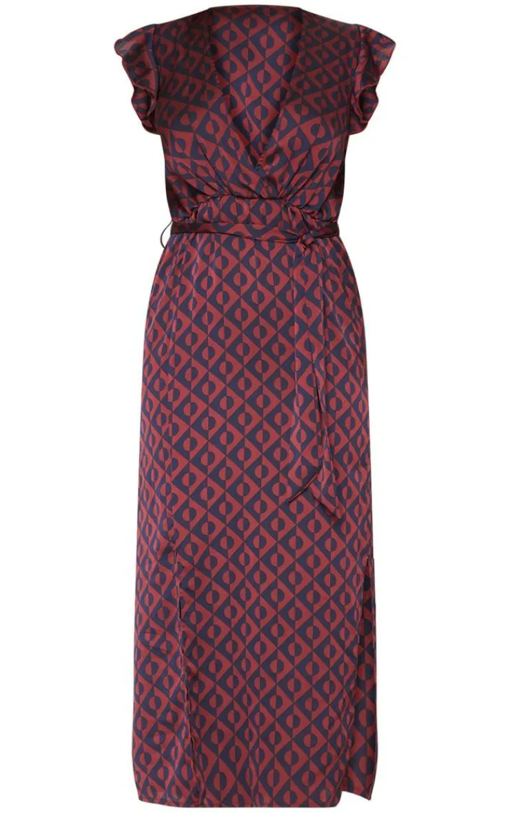 Geo Print Satin Frill Shoulder Split Midi Dress-PrettyLittleThing Online