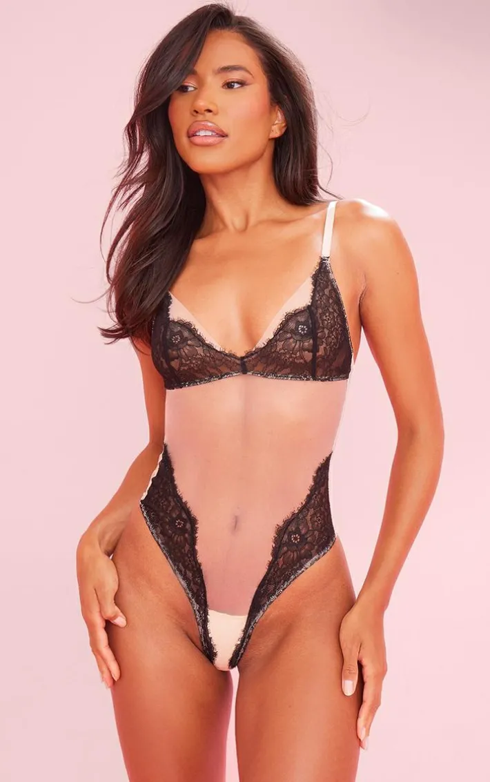 Nude Mesh Contrast Lace Bodysuit