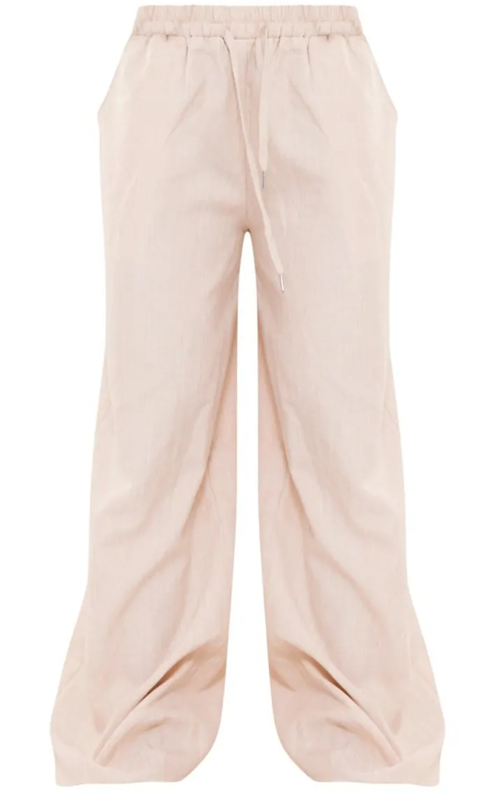 Oatmeal Marl Linen Look Wide Leg Drawstring Pants
