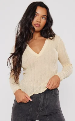 PrettyLittleThing Knitted Tops*Sheer Rib Knit V Neck Long Sleeve Top
