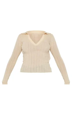 PrettyLittleThing Knitted Tops*Sheer Rib Knit V Neck Long Sleeve Top