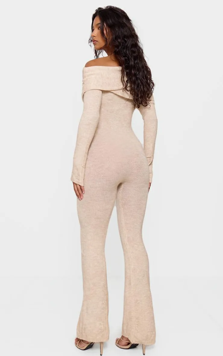 PrettyLittleThing Knitted Loungewear*Soft Knit Bardot Foldover Asymmetric Neck Jumpsuit