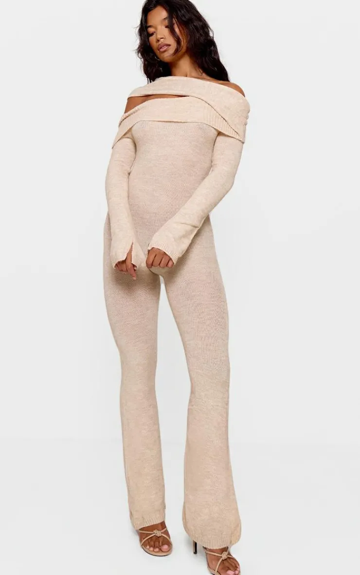 PrettyLittleThing Knitted Loungewear*Soft Knit Bardot Foldover Asymmetric Neck Jumpsuit