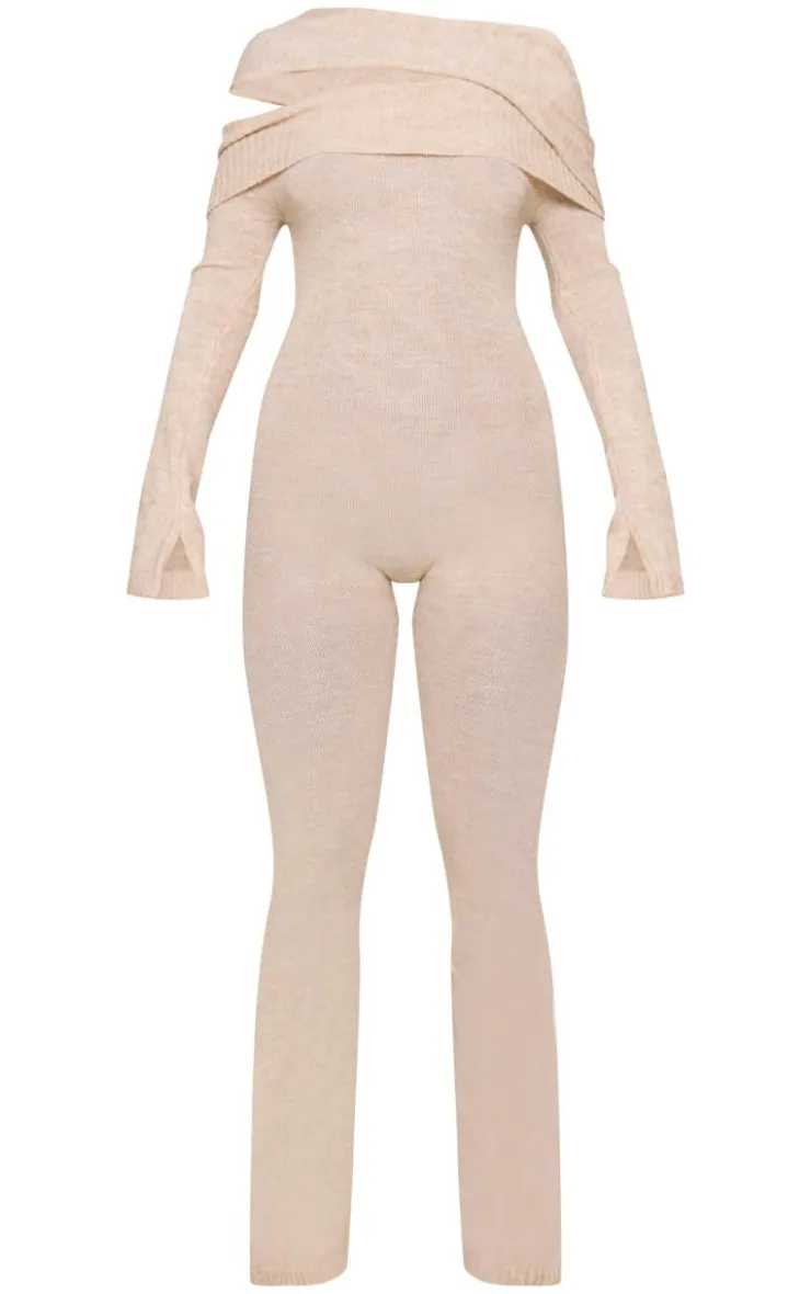 PrettyLittleThing Knitted Loungewear*Soft Knit Bardot Foldover Asymmetric Neck Jumpsuit