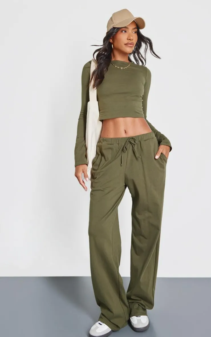 PrettyLittleThing Cotton Jersey Long Sleeve Crew Neck Top Olive