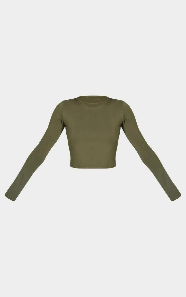 PrettyLittleThing Cotton Jersey Long Sleeve Crew Neck Top Olive