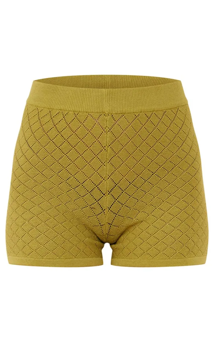 Olive Diamond Knit Mini Shorts