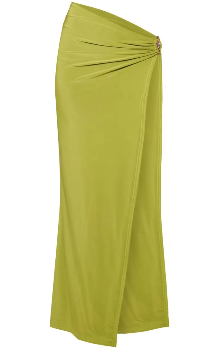 PrettyLittleThing Double Layer Slinky Ruched Asymmetrical Maxi Skirt Olive