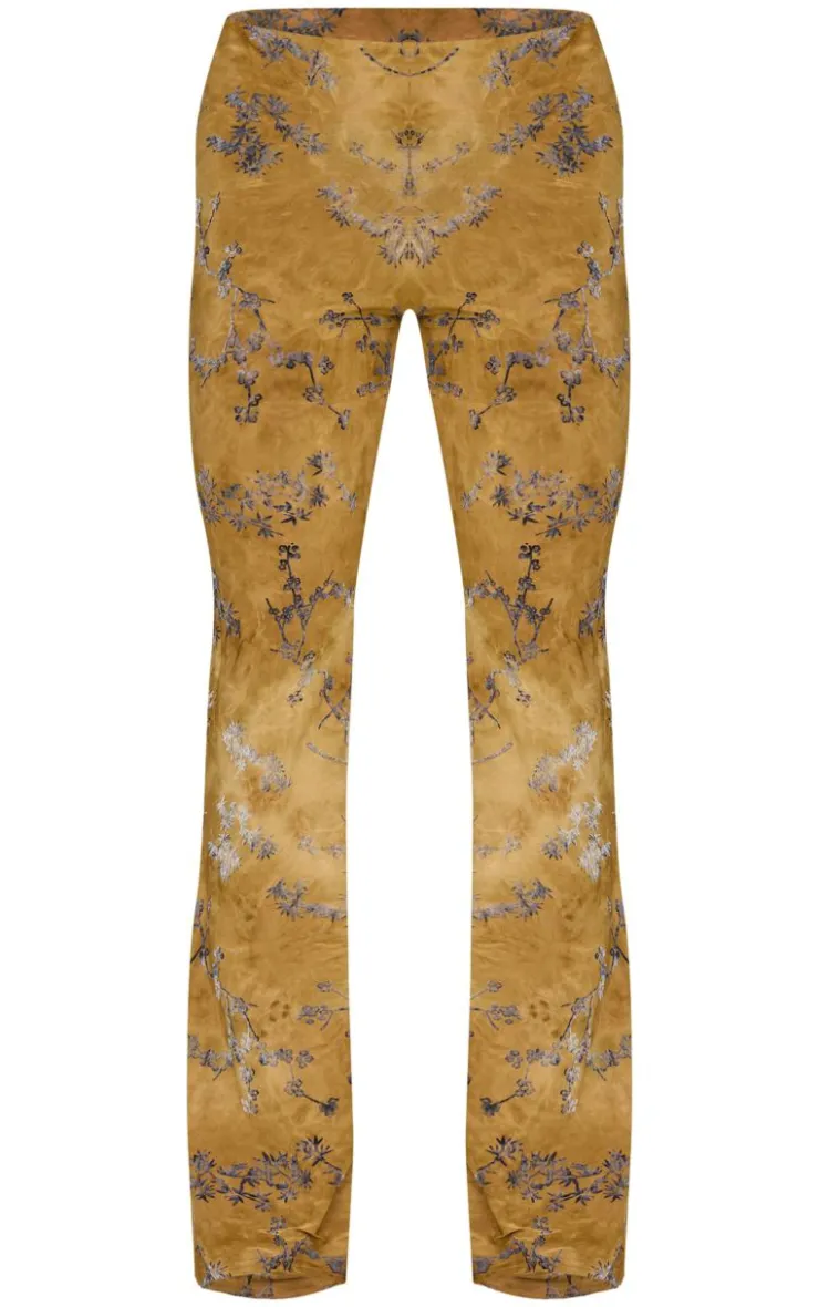 Outlet PrettyLittleThing Floral Print Devore Slim Flare Pants Olive