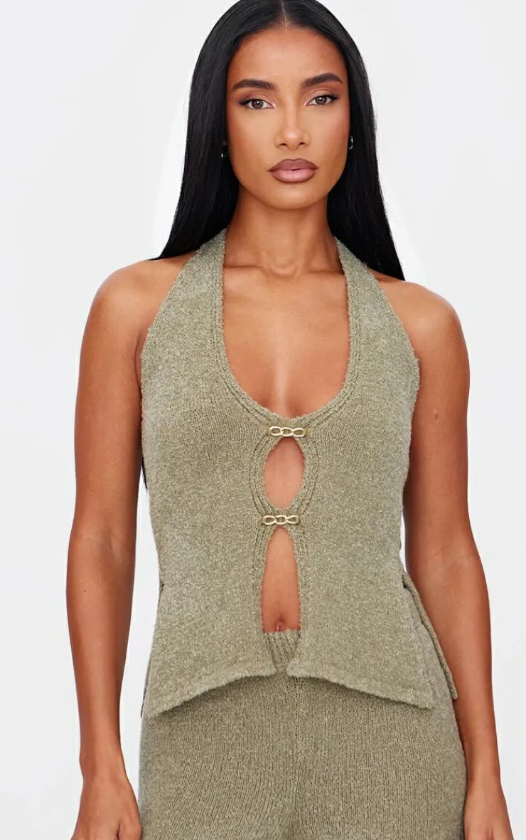 Hot PrettyLittleThing Soft Bobble Knit Gold Trim Vest Top Olive