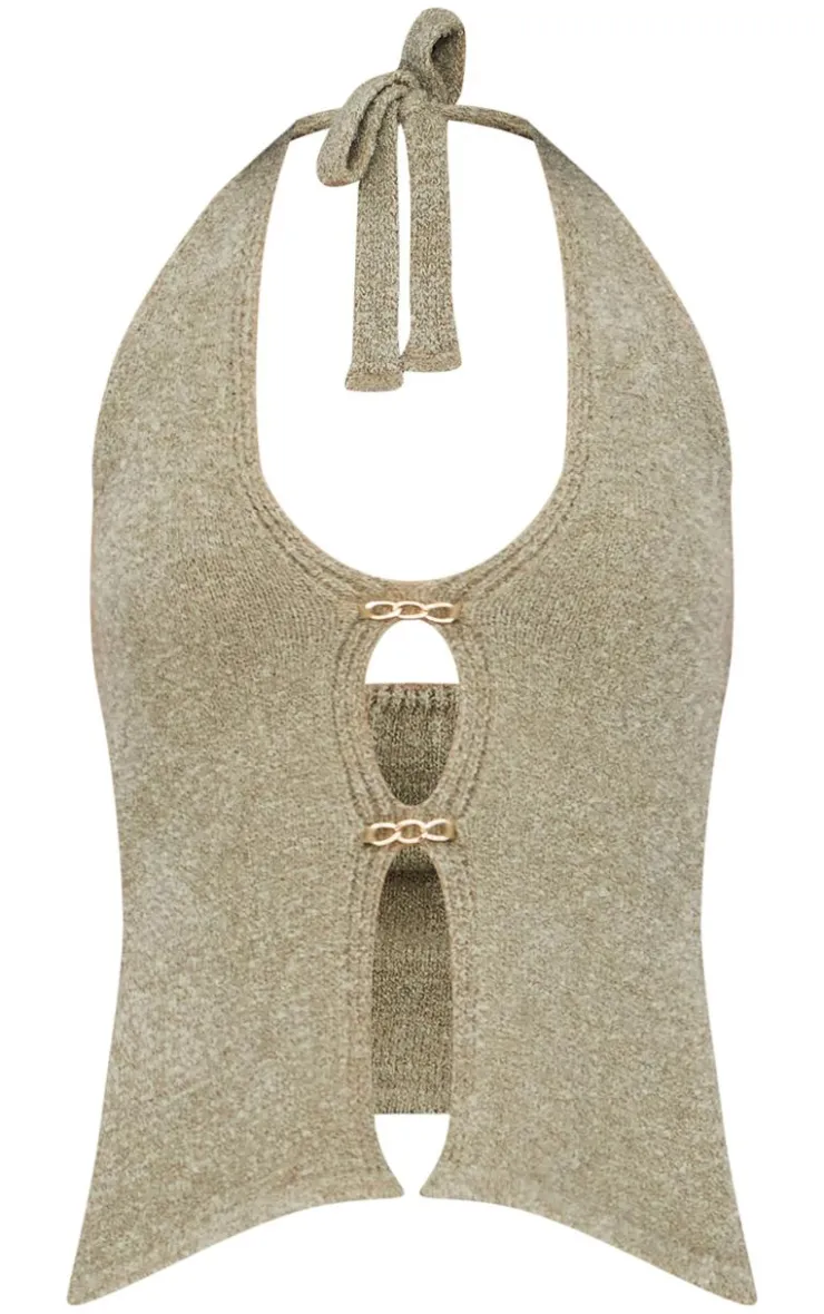 Hot PrettyLittleThing Soft Bobble Knit Gold Trim Vest Top Olive
