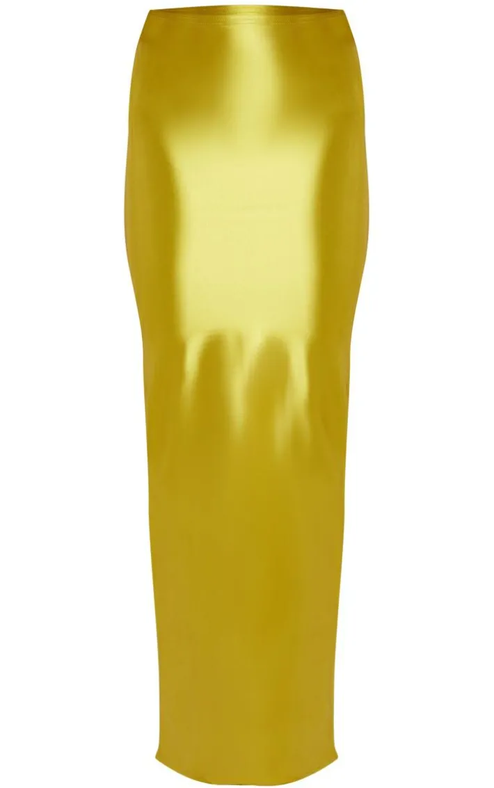 Olive Stretch Satin Split Side Maxi Skirt