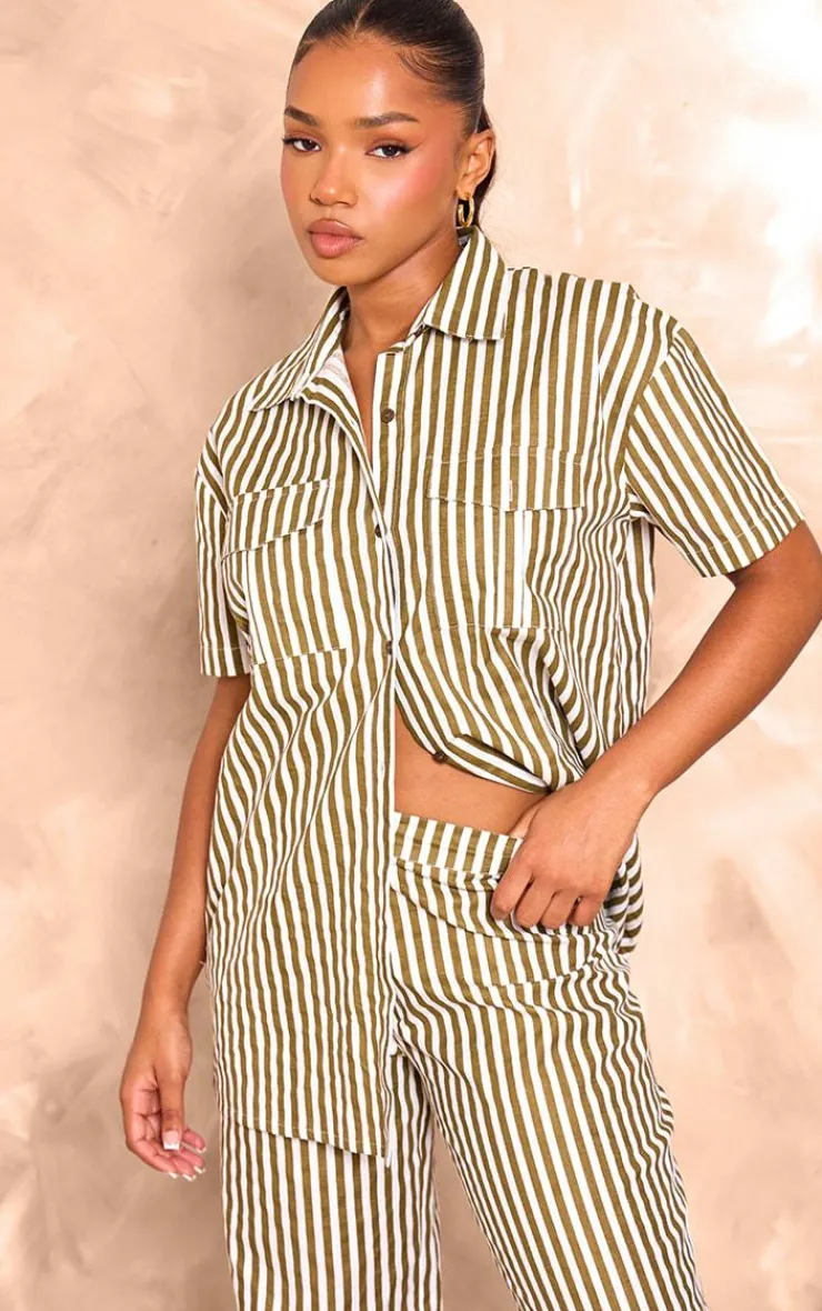 New PrettyLittleThing Stripe Linen Look Pocket Front Short Sleeve Oversized Shirt Olive
