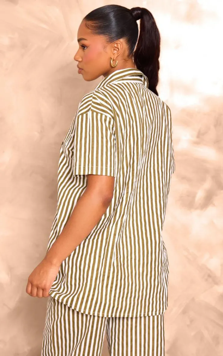 New PrettyLittleThing Stripe Linen Look Pocket Front Short Sleeve Oversized Shirt Olive