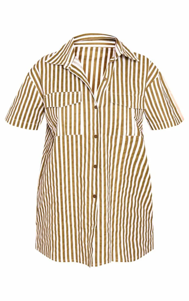 New PrettyLittleThing Stripe Linen Look Pocket Front Short Sleeve Oversized Shirt Olive