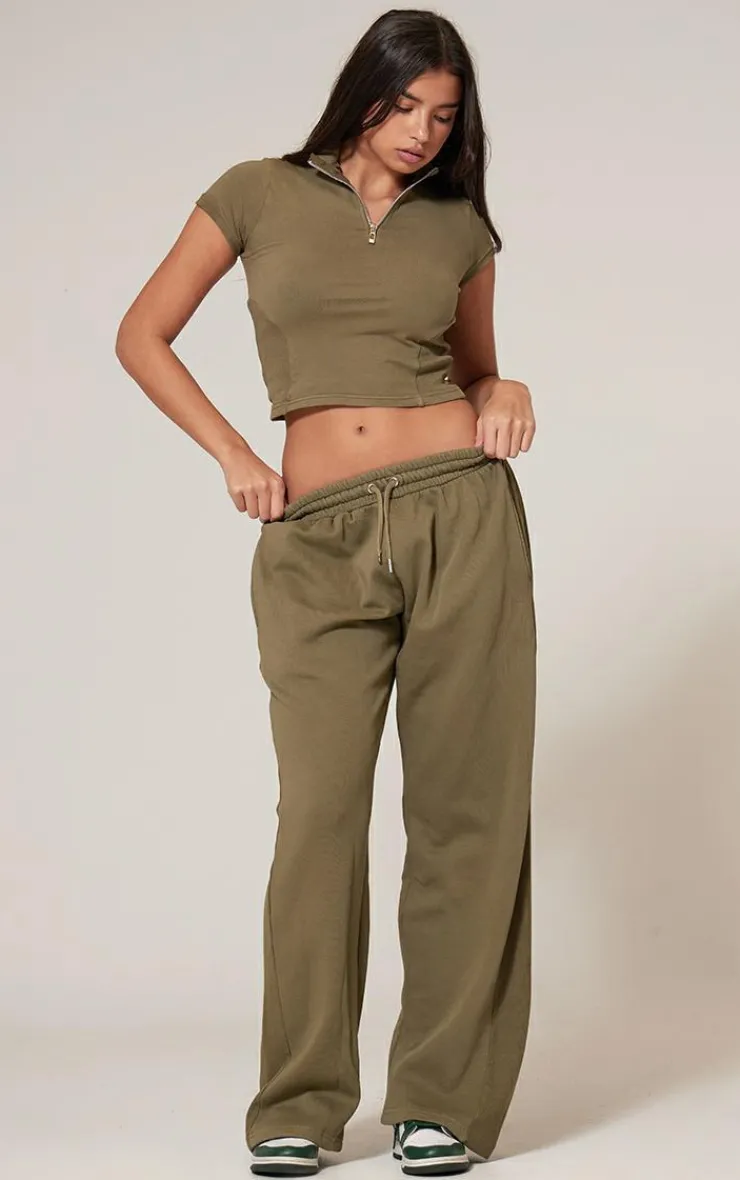 Online PrettyLittleThing Washed Zip Up Rib Panel Top Olive
