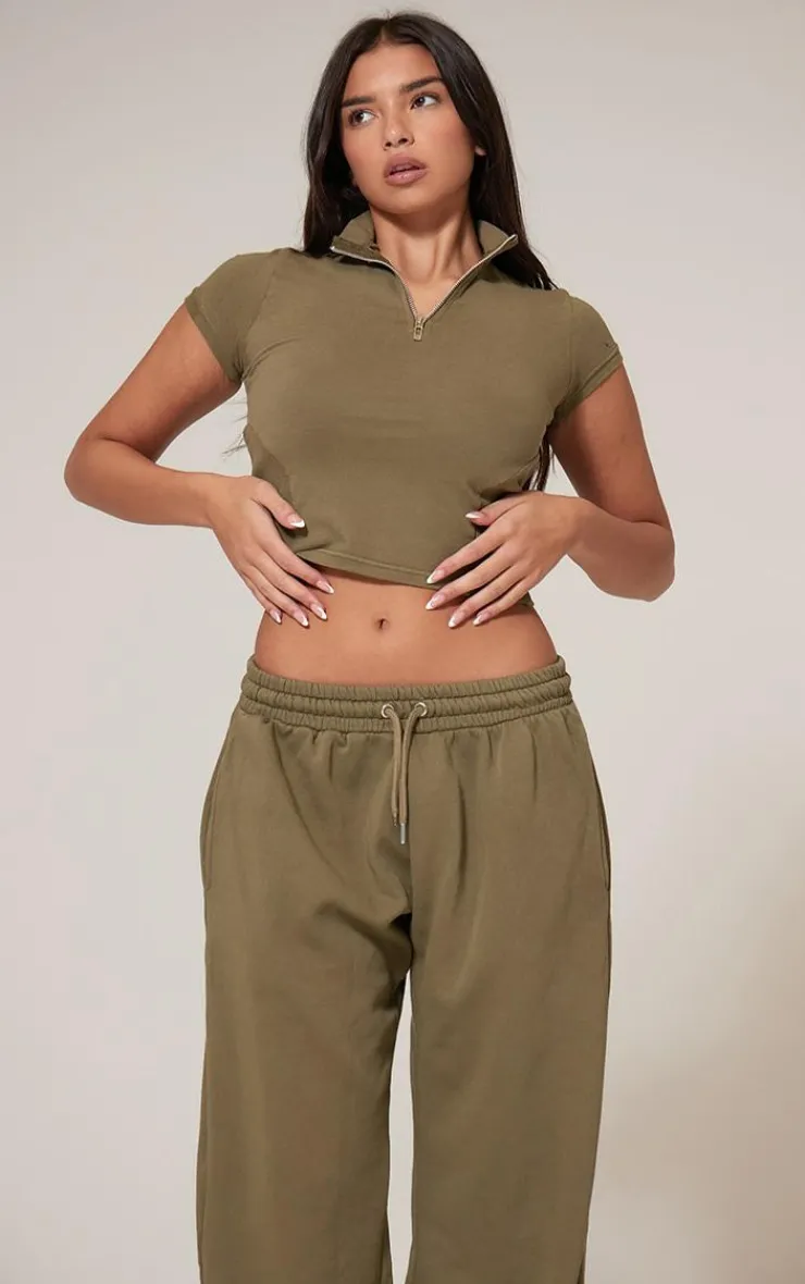 Online PrettyLittleThing Washed Zip Up Rib Panel Top Olive