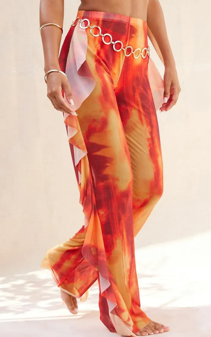 Orange Abstract Frill Side Mesh Beach Pants