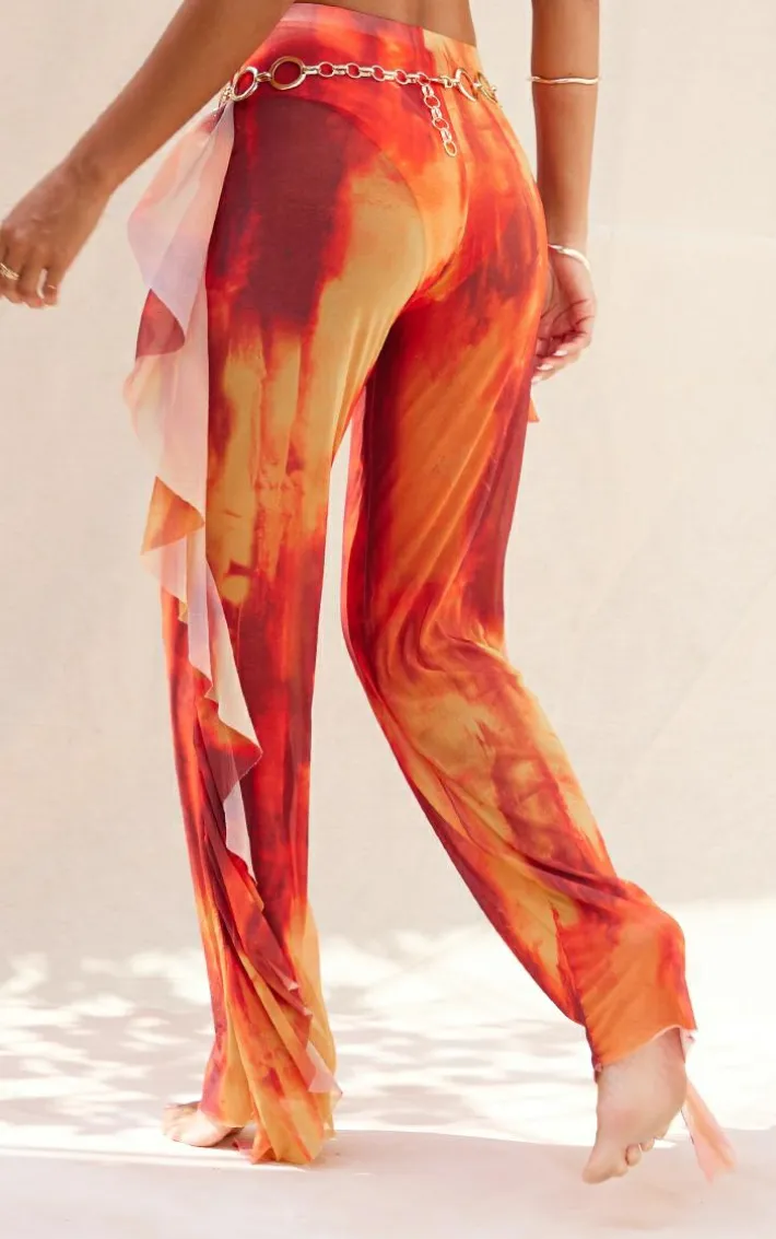 Orange Abstract Frill Side Mesh Beach Pants