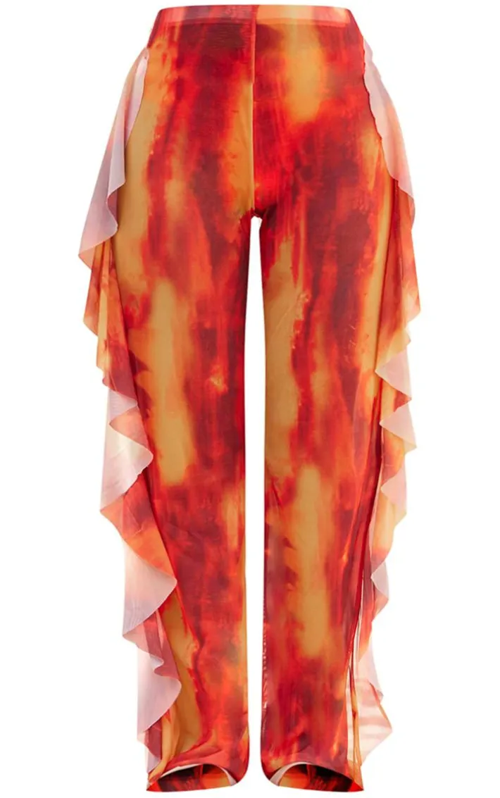Orange Abstract Frill Side Mesh Beach Pants