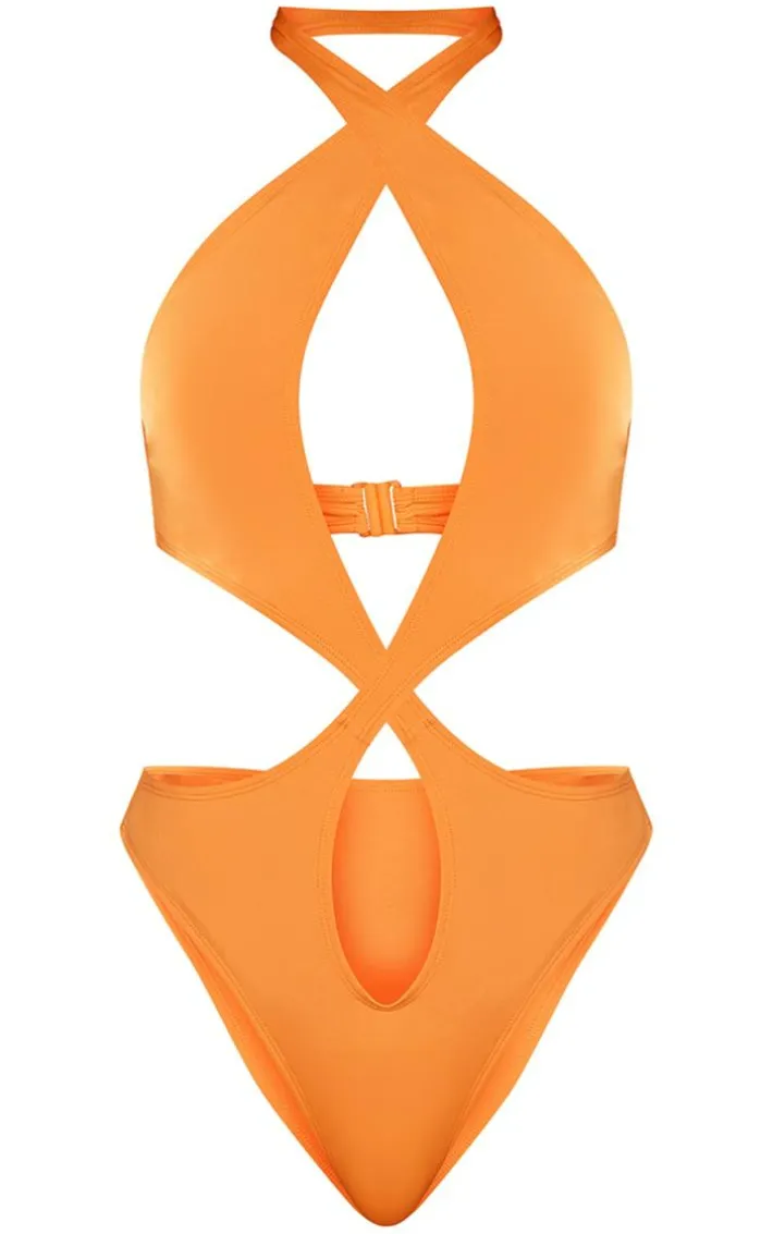 Orange Asymmetric Strap Cut Out Swimsuit