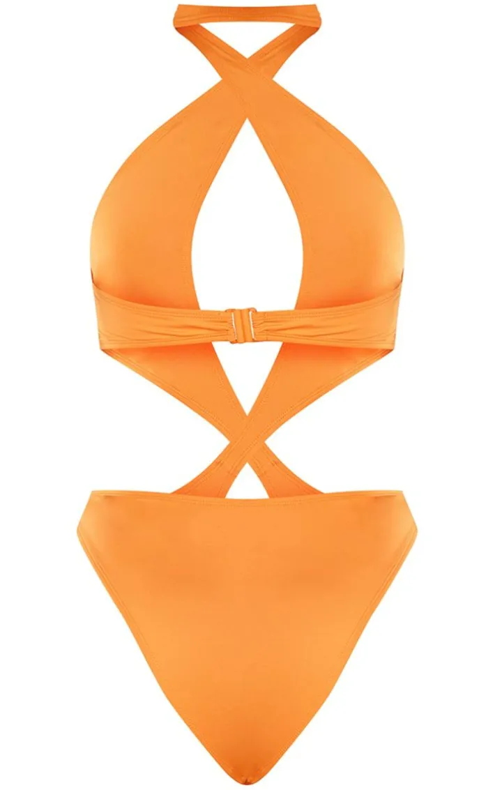 Orange Asymmetric Strap Cut Out Swimsuit