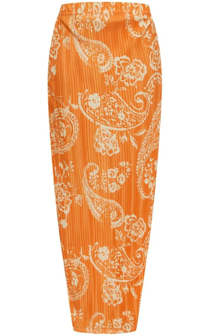 Orange Blurred Floral Printed Plisse Maxi Skirt