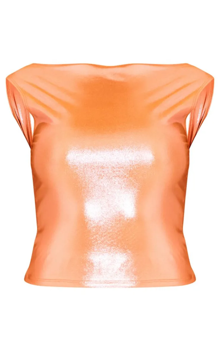 Online PrettyLittleThing Metallic Open Back Cap Sleeve Longline Top Orange