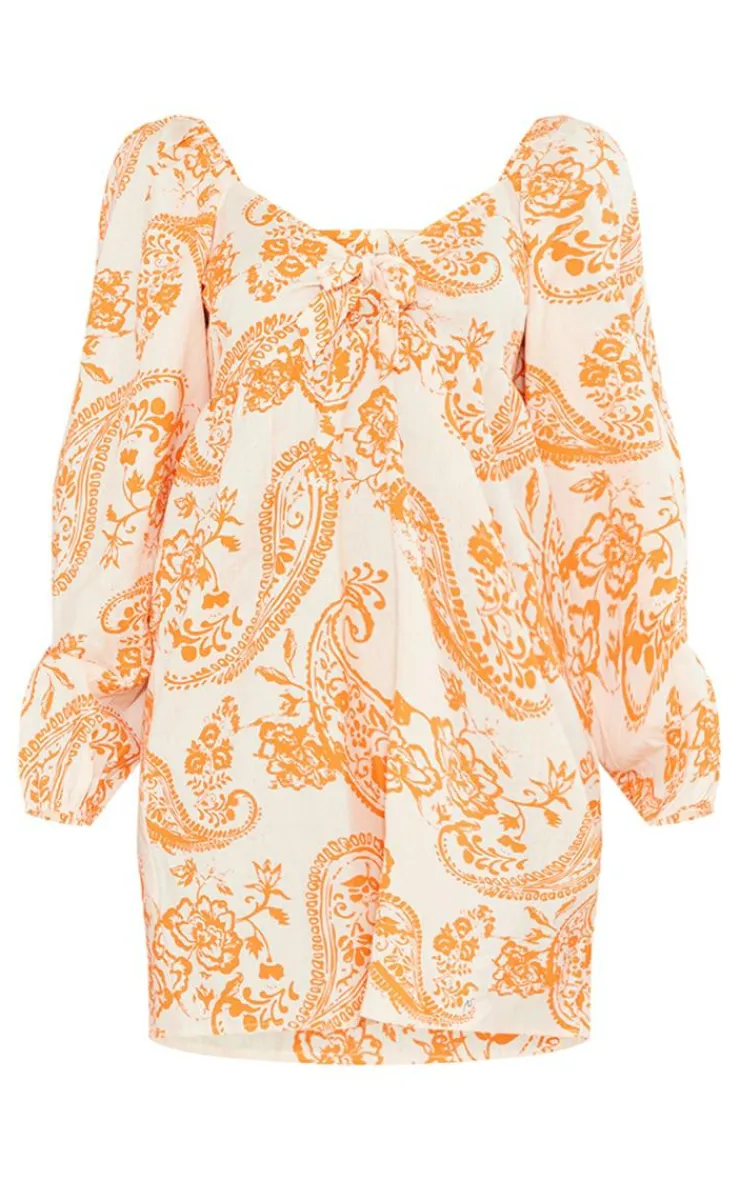 Paisley Print Tie Front Bardot Shift Dress-PrettyLittleThing Online