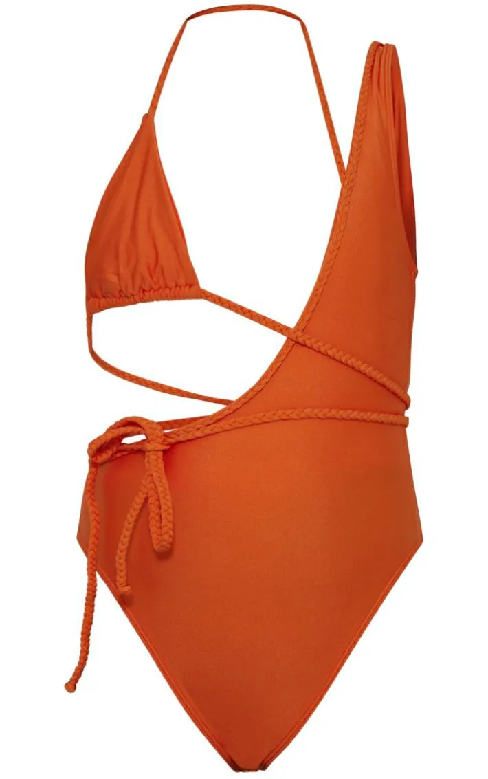 Orange Plait Detail Asymmetric Swimsuit