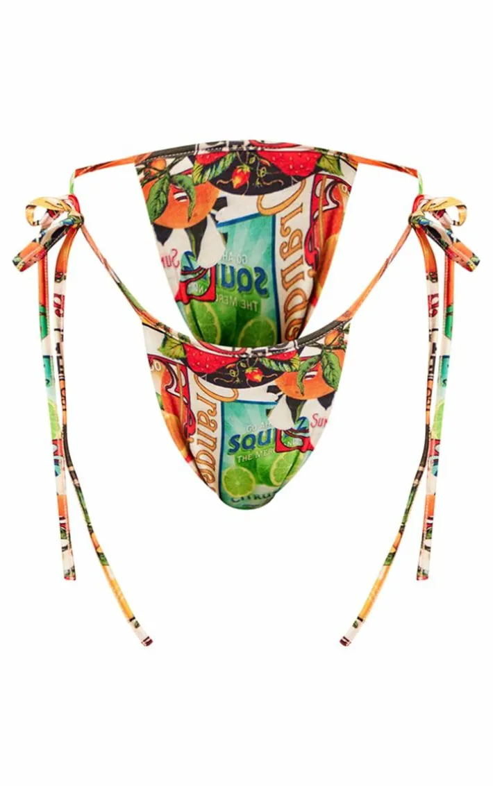 Orange Postcard Print Tie Side Bikini Bottoms