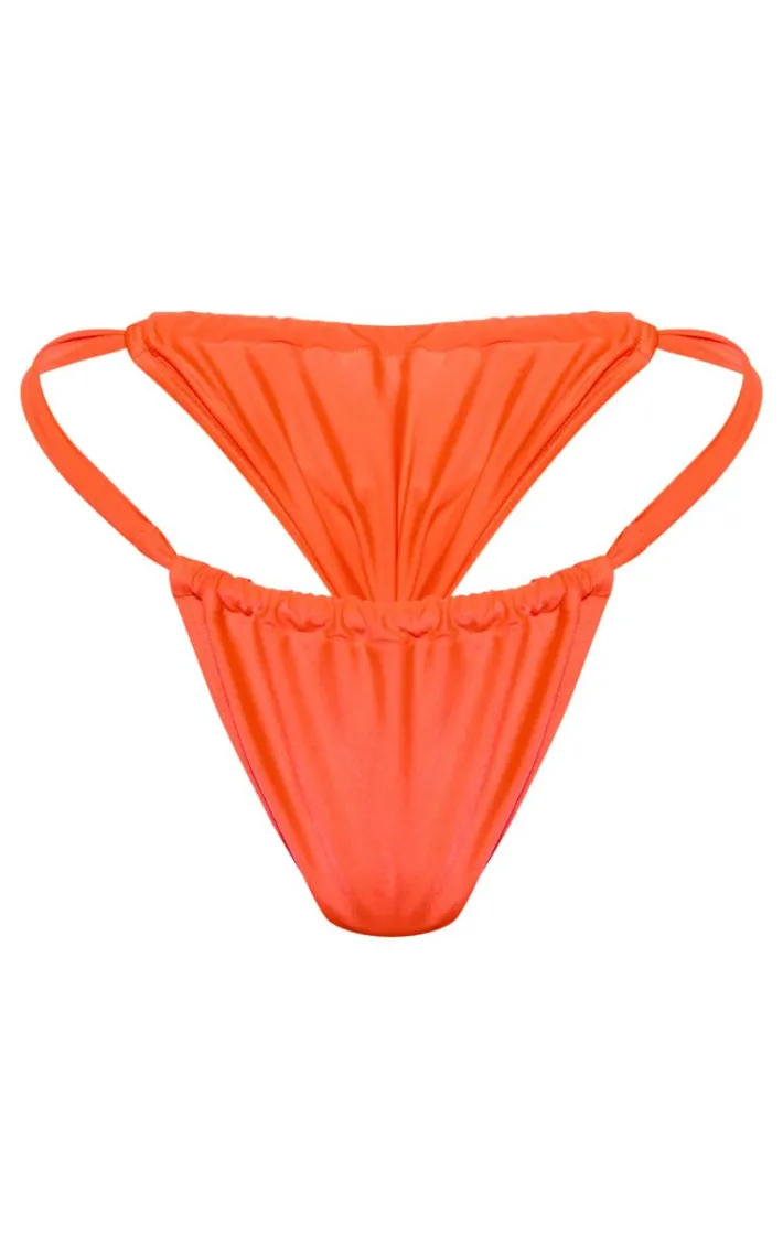 Orange Ruched Tanga Bikini Bottoms