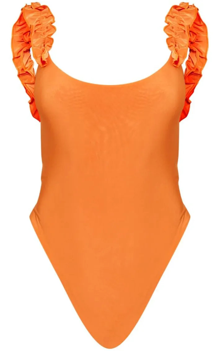 Orange Slinky Ruffle Strap Bodysuit