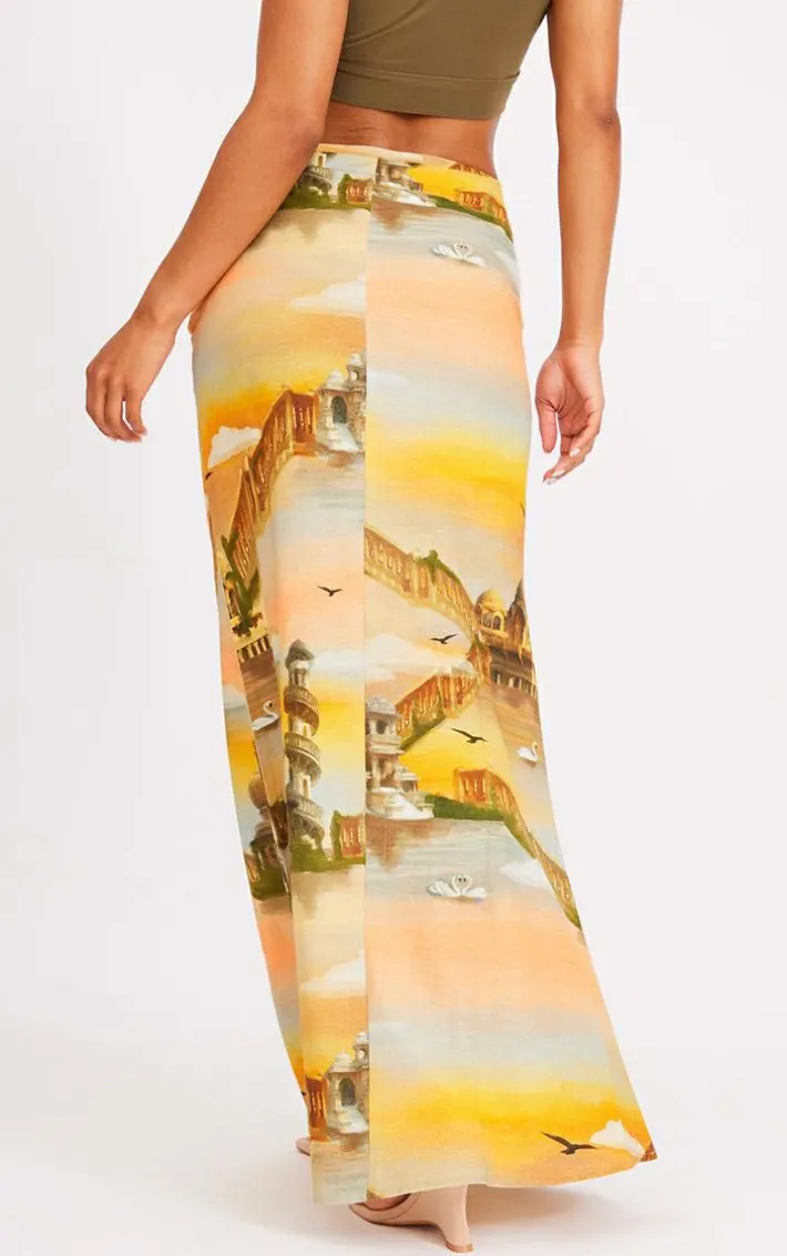Orange Sunset Printed Linen Look Maxi Skirt
