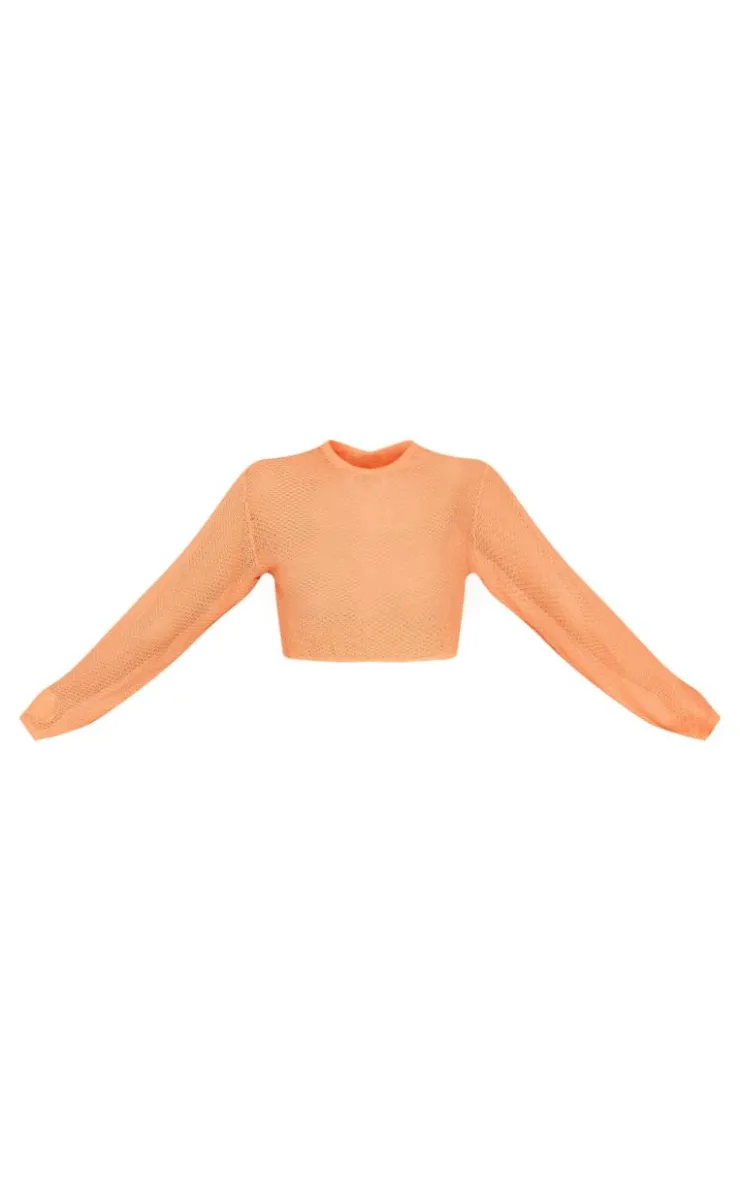 Online PrettyLittleThing Textured Sheer Knit Floaty Long Sleeve Crop Top Orange
