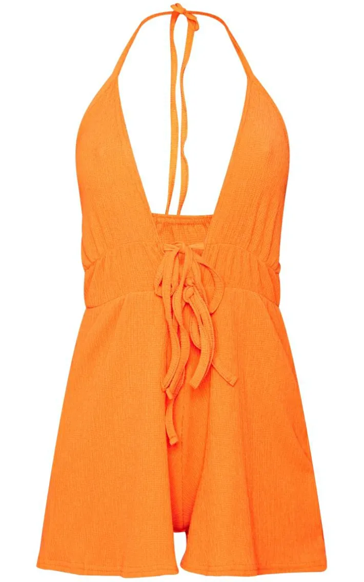 Orange Textured Tie Bust Detail Halter Romper