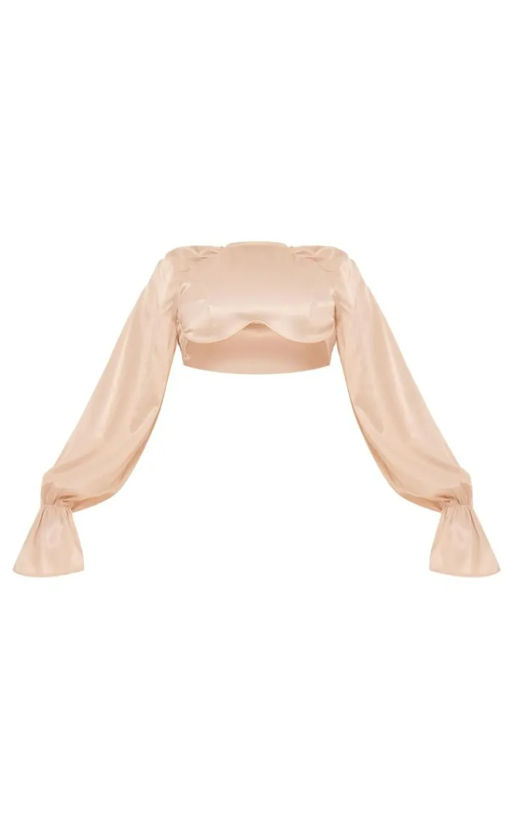 PrettyLittleThing Satin Underwired Puff Sleeve Crop Top Oyster