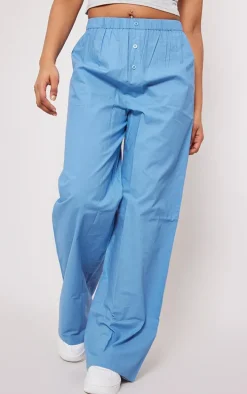 Pale Blue Cotton Poplin Button Front Pull On Pants