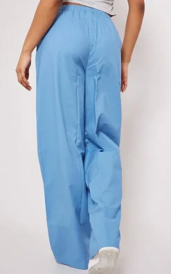 Pale Blue Cotton Poplin Button Front Pull On Pants