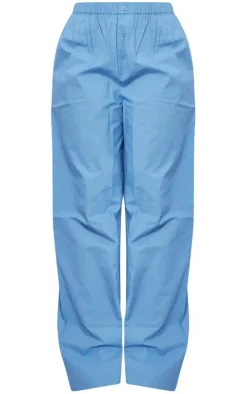 Pale Blue Cotton Poplin Button Front Pull On Pants