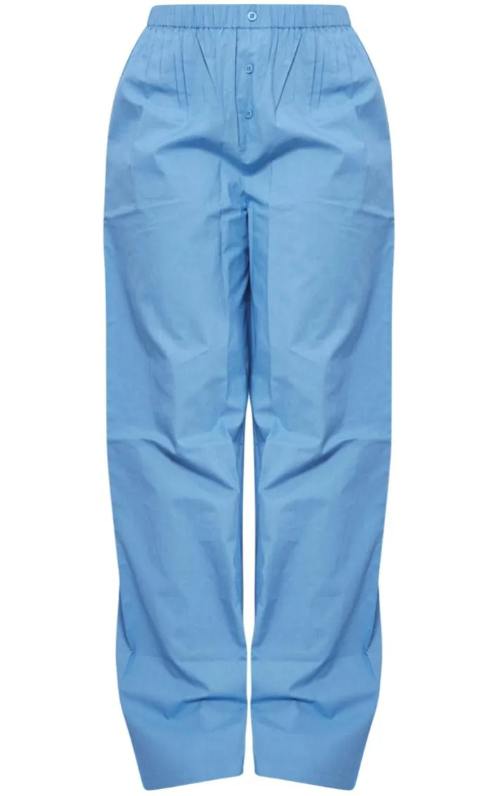 Pale Blue Cotton Poplin Button Front Pull On Pants