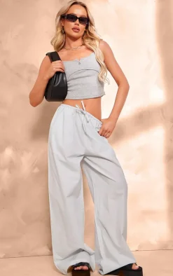Pale Blue Cotton Poplin Drawstring Straight Leg Pants