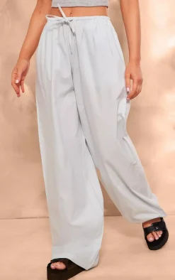 Pale Blue Cotton Poplin Drawstring Straight Leg Pants
