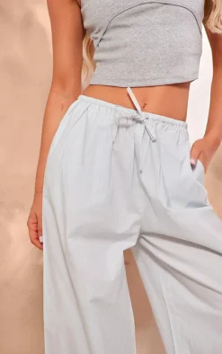 Pale Blue Cotton Poplin Drawstring Straight Leg Pants