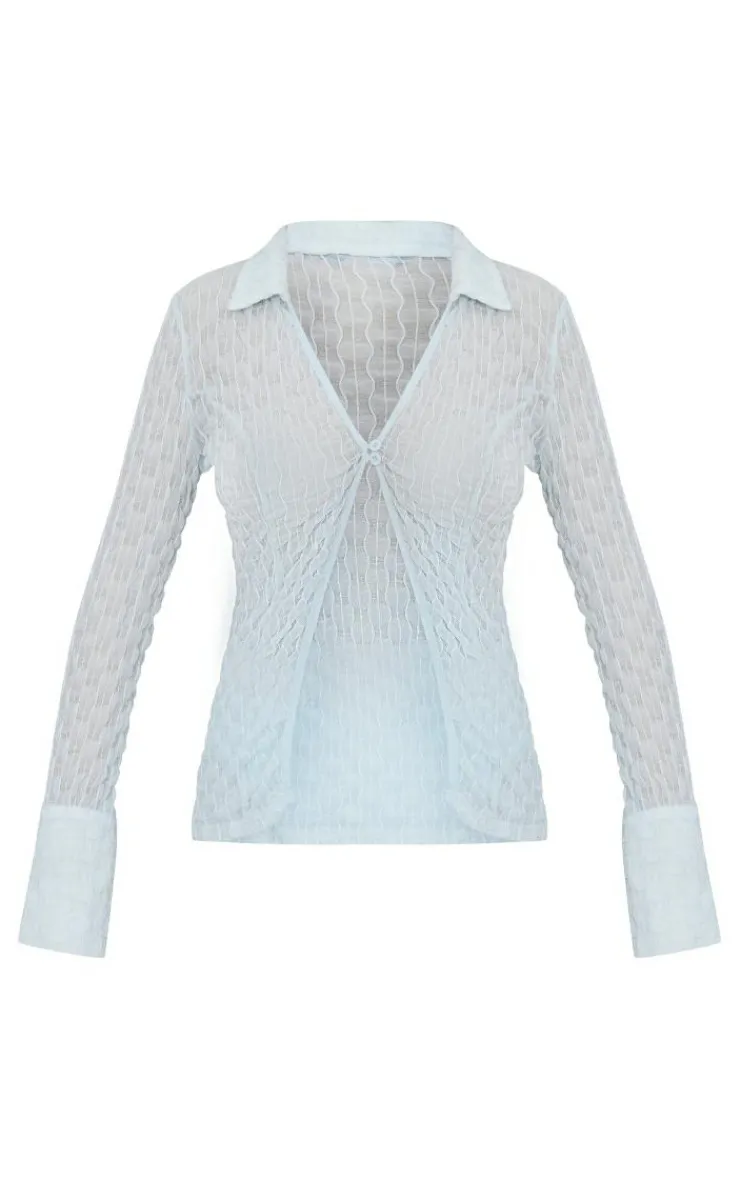 Outlet PrettyLittleThing Mesh Textured Long Sleeve Open Collar Top Pale Blue